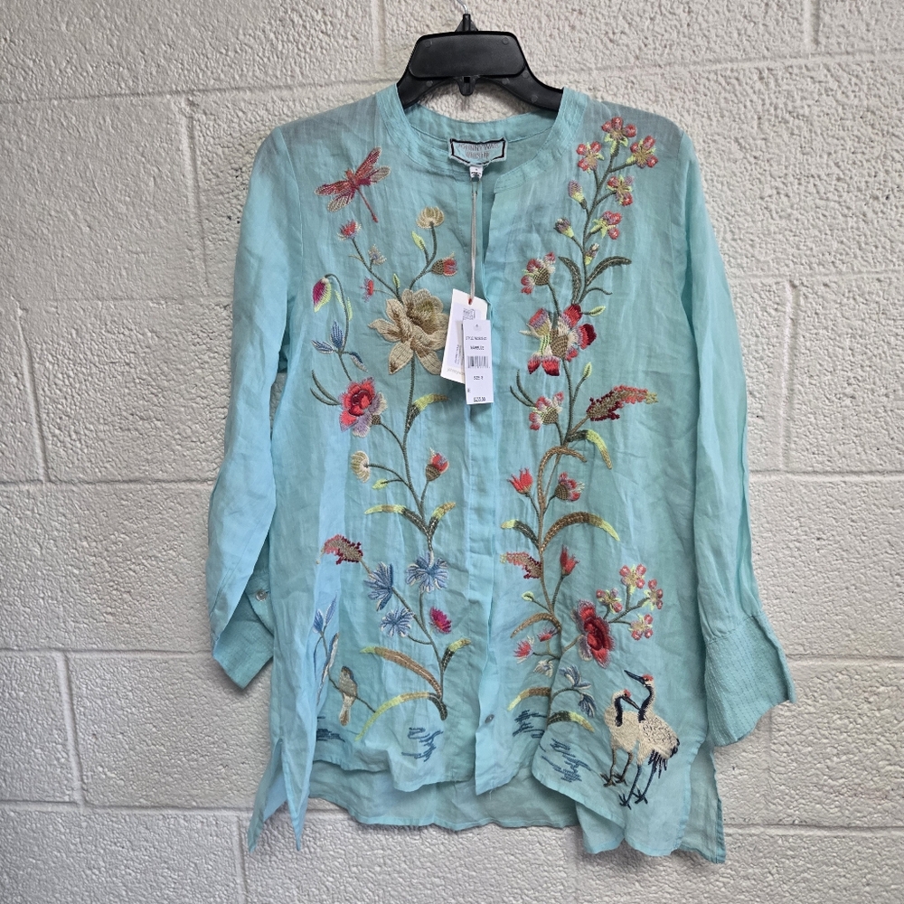 Johnny Was Geniveve Voyager Banded Split V-Neck Long Sleeve Embroidered Tunic